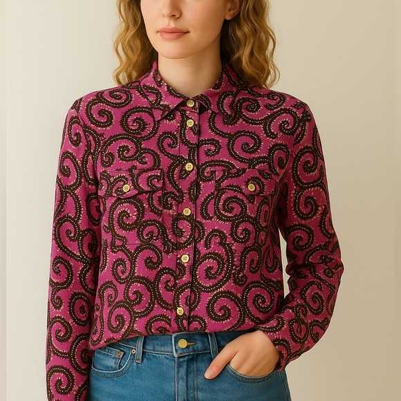 Tory Burch Swirl Print Shirt Size Small Pink Burgundy Western Bohemian - Picture 1 of 8